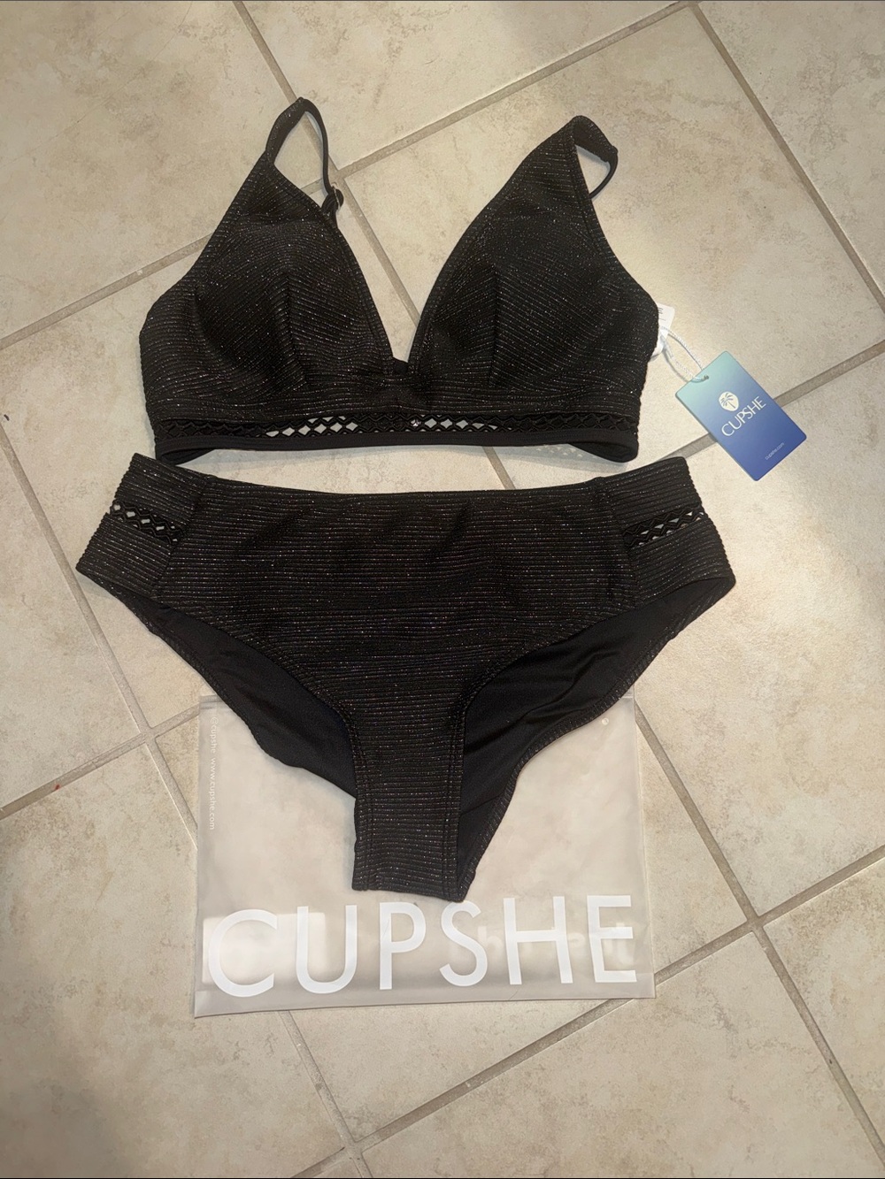 Cupshe Black Ribbed Shimmer Bikini Set - Bralette & High Waist Bottoms